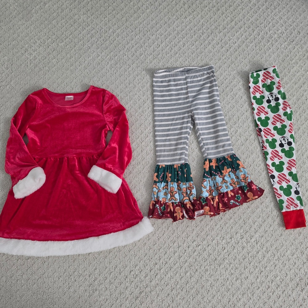 Girls Red Velvet Dress Disney Mickey Leggings Gingerbread 3 piece Set Size 4/5